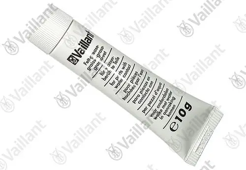 Tube mit grauer Dichtmasse von Vaillant, beschriftet mit Anwendungshinweisen in mehreren Sprachen. Inhalt: 10 g, zur Abdichtung von Verbindungen und bei Wasserleckagen.
